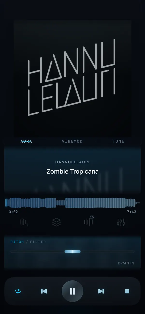 VibeDeck music player with pitch and filter slider and waveform on iPhone