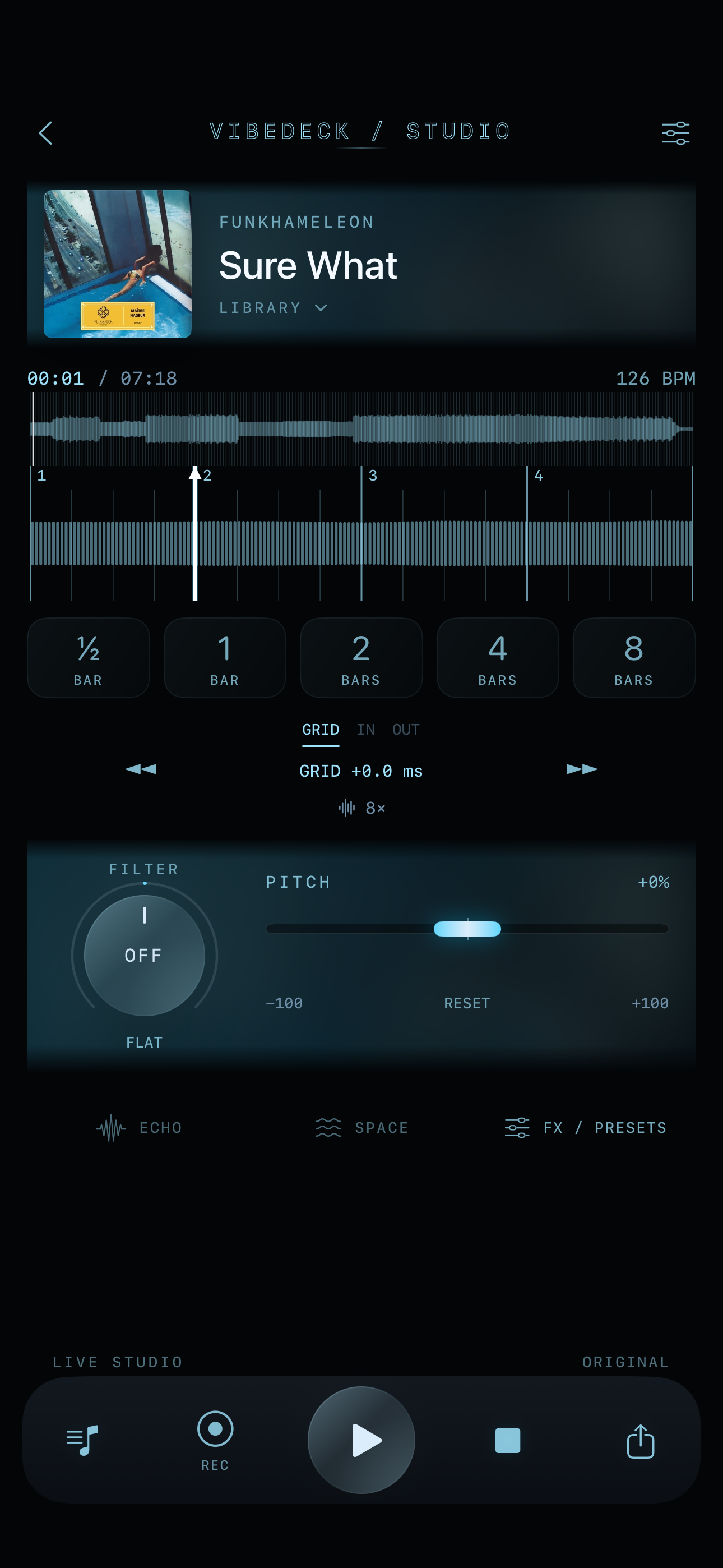 VibeDeck Studio on iPhone: beat-grid loop slicer, pitch, filter, effects and recording controls