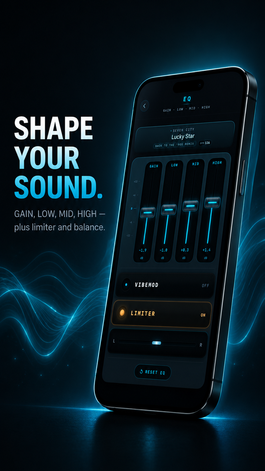 VibeDeck offline music player equalizer with gain and limiter