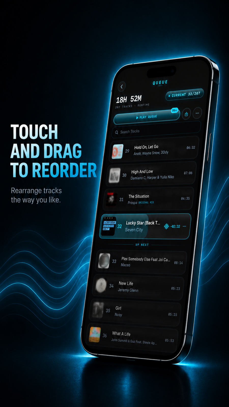 VibeDeck queue for local music files with drag to reorder
